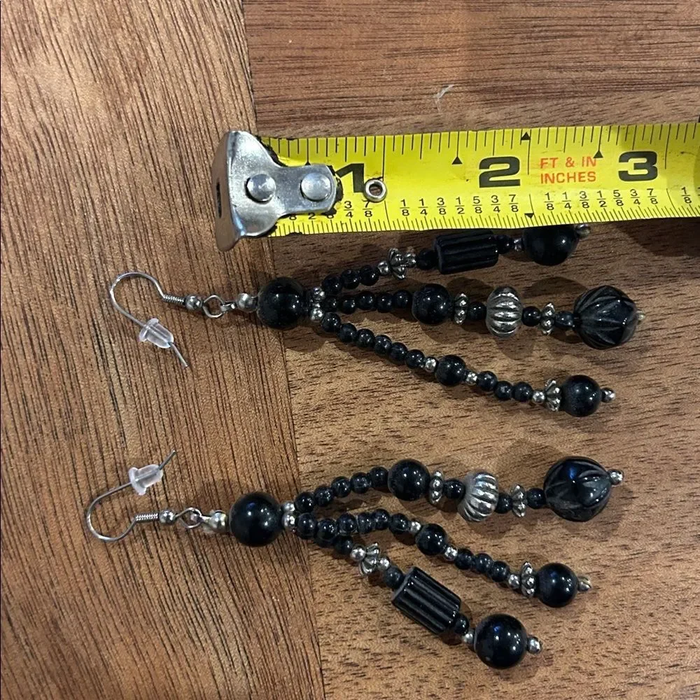 Black Beaded Vintage 3” Dangle Drop Hook Silver Earrings